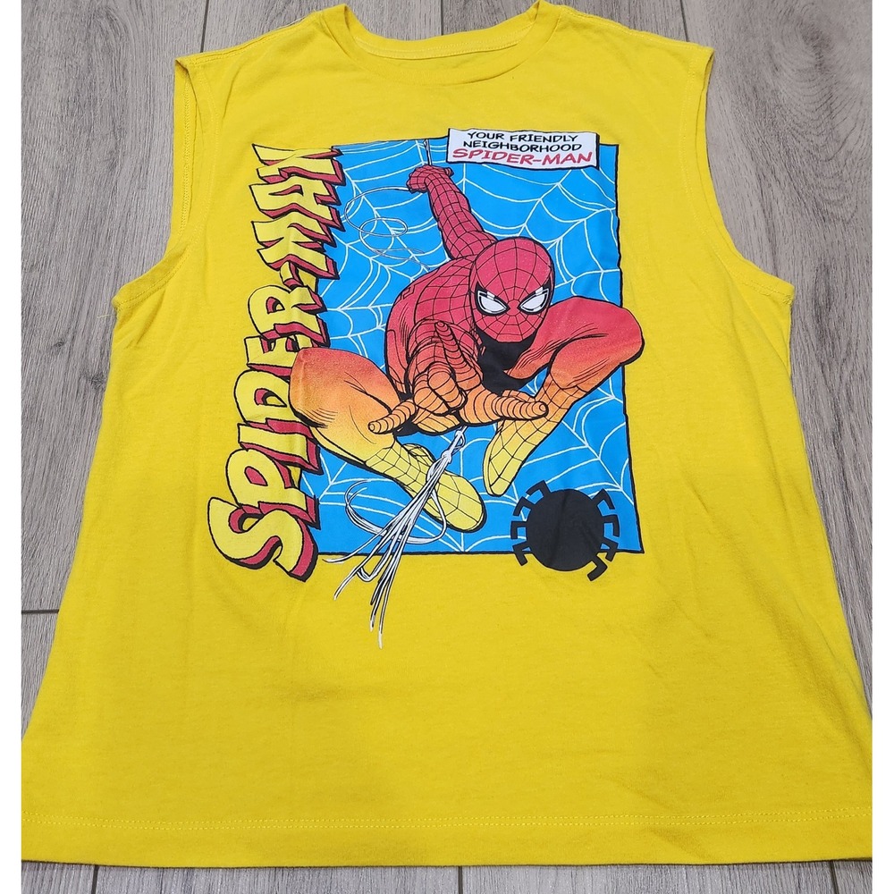 Marvel Spider-Man Boys Yellow Sleeveless Graphic Tee Shirt Size L 10/12